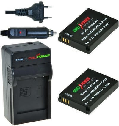 2 x SLB-10A accu's voor Samsung - inclusief oplader en autolader - Origineel ChiliPower