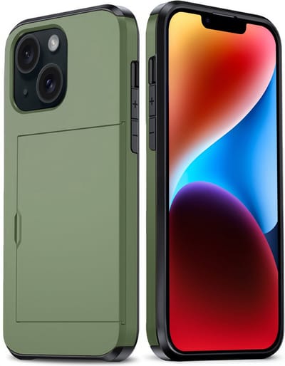 Hoes Geschikt voor iPhone 14 Hoesje Hard Case Met Pas Houder - Hoesje Geschikt voor iPhone 14 Hoes Shockproof Hard Cover Met Kaarthouder - Donkergroen