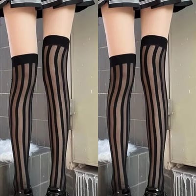 2 Paar Streepkousen Lente Zomer Sexy Dames Zwarte Transparante Kousen Nylon Dijhoge Kousen Anti-Haak Dunne Panty Kousen One Size gray