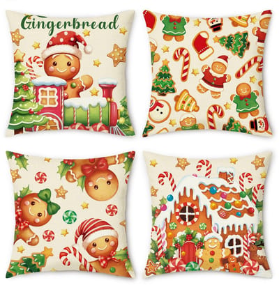 Kussenslopen Set van 4 - Kerst Decoratie - Peperkoek Mannetjes - Sneeuwpoppen - Gemaakt van Linnen-Polyester - Verborgen Ritsontwerp - Kussenhoezen