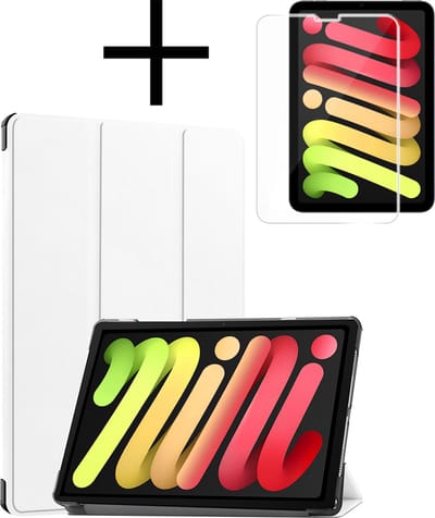 Hoes - Geschikt voor Apple iPad Mini 7 (2024) - 8.3 inch - 7e Generatie - Met Screenprotector - Trifold Bookcase - Hard Cover - Hardcover Book Case - Tablet Hoesje - Wit