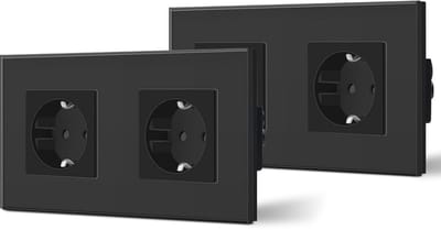 Inbouwdoos met Schuko Stopcontact en Kristalglas Plaat - 16 Amp - Zwart