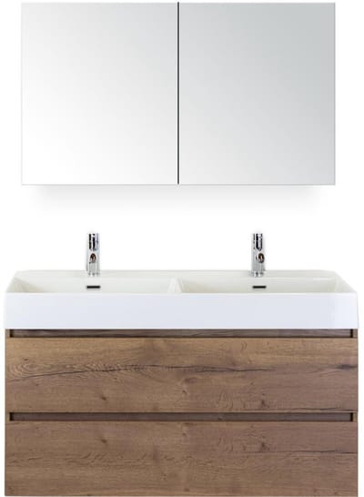 Maxx XL Badmeubelset 120 cm - Tabacco - Wastafel Kube Dubbel 2 Kraangaten met Spiegelkast