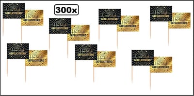 300x Luxe cocktail prikkers Hartelijk Gefeliciteerd goud/zwart- vlag prikkers cocktailprikker festival thema feest verjaardag