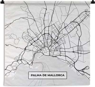 Wandkleed - Wanddoek - Kaart - Mallorca - Stadskaart - Zwart Wit - Plattegrond - 180x180 cm - Wandtapijt