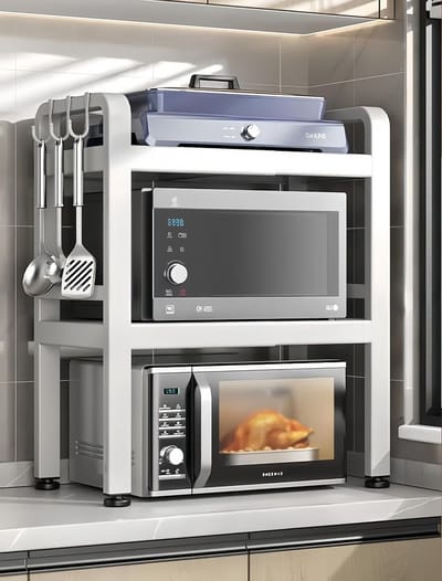 Dubbele Laag Uitschuifbare Magnetron Rek met 6 Haken - Ruimtebesparende Keukenoplossing voor Borden en Keukengerei, 15-25" L x 14.25" W x 18.5" H