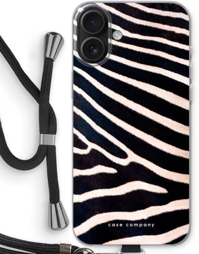 Case Company® - Hoesje met koord geschikt voor iPhone 16 Plus hoesje met Koord - Zebra - Telefoonhoesje met Zwart Koord - Bescherming aan alle Kanten en Over de Schermrand