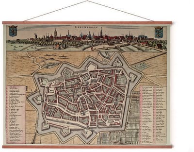Poster In Posterhanger - Historische Oude Kaart Leeuwarden - 50x70 cm - Kader Hout - Ophangsysteem - Plattegrond