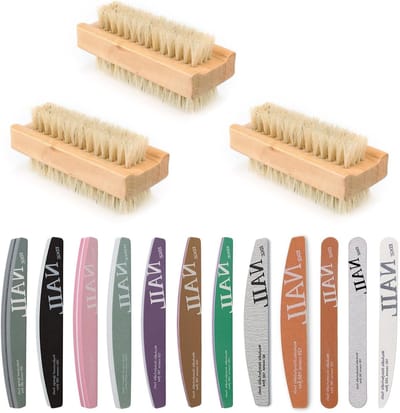 Set van 3 Houten Vingernagel Borstels, Dubbelzijdige Handborstels met 12 Professionele Nagelvijlen voor Reinigen en Onderhouden van Nagels, 9.5 × 3.5 x 4.5 cm