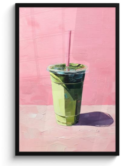 Poster in lijst - Fotolijst 60x90 cm - Posters - Beker - Rietje - Minimalistisch - Groen - Posterlijst zwart - Decoratie - Wanddecoratie woonkamer - Muurdecoratie slaapkamer