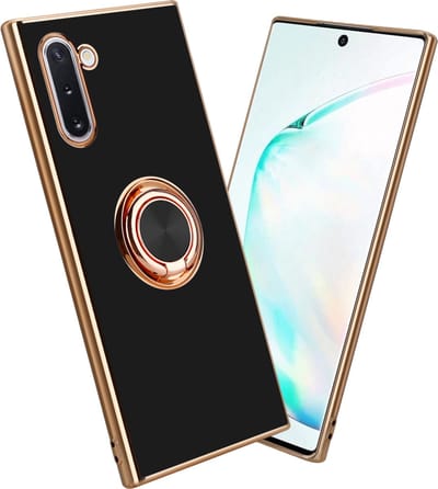 Cadorabo Hoesje geschikt voor Samsung Galaxy NOTE 10 in Glossy Zwart - Goud met ring - Beschermhoes van flexibel TPU-silicone Case Cover met camerabescherming en magnetische autohouder