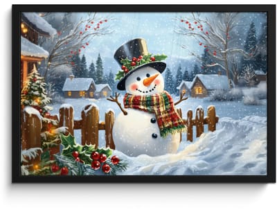 Poster in lijst - Fotolijst 60x40 cm - Posters - Sneeuwpop - Winterdorp - Kleurrijk - Posterlijst zwart - Decoratie - Wanddecoratie woonkamer - Muurdecoratie slaapkamer