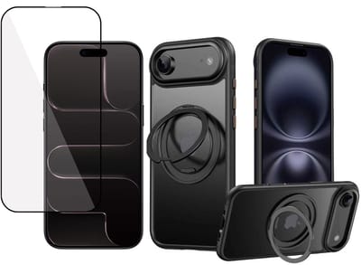 Hoesje met Ringhouder & Screenprotector geschikt voor iPhone 17 Air - Geschikt voor MagSafe - 360° Kickstand - Full Screen Gehard Glas – Zwart
