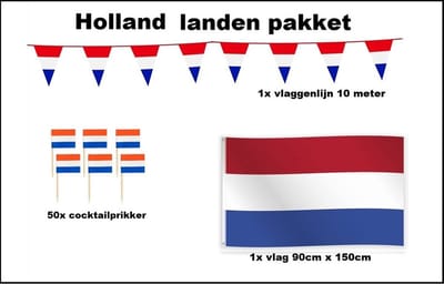 Holland versiering pakket - Vlag Holland 150cmx90cm (1x) - Cocktailprikkers Holland (50x) - Vlaggenlijn Holland 1000cm(1x) - WK voetbal festival evenement party decoratie Nederland