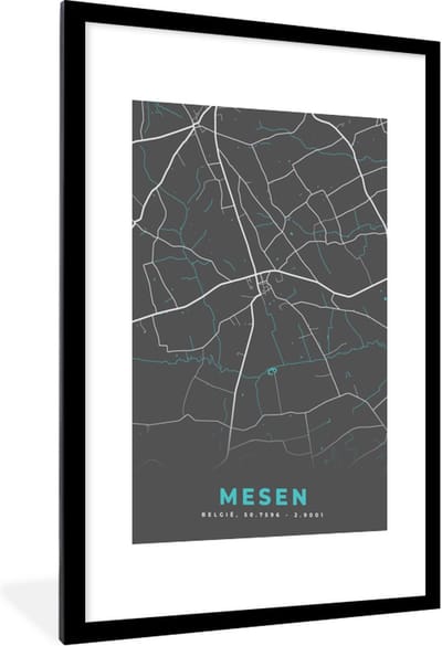 Fotolijst incl. Poster - België – Mesen – Stadskaart – Kaart – Blauw – Plattegrond - 60x90 cm - Posterlijst