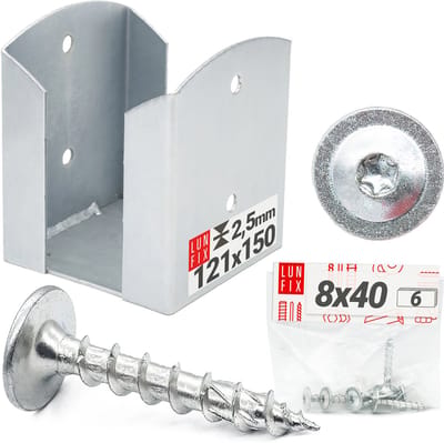 LUN FIX - Pfostendrager - 120x120x150 mm - verzinkt staal 2.5 mm wanddikte - 6 schroeven met platte kop 8x40 mm - voor houten palen, carport, pergola, hek, onderconstructie.