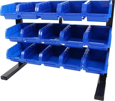 Opbergbakkensysteem 15-delig – Stapelbaar & Flexibel | Zwart/Staal Rek met Blauwe Magazijnbakken (16×10×7,5 cm) – Labelruimte & Extra Verstevigingsstrip – Efficiënt & Overzichtelijk