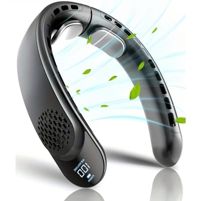 Oplaadbare nekventilator met led-display, 3 snelheidsstanden, 360° verkoeling, draagbare USB-C reisventilator, 4000mAh batterij, lichtgewicht en stil ontwerp - Geschikt voor zowel mannen als vrouwen, Geschikt voor buiten- en kantoorgebruik, zwart.