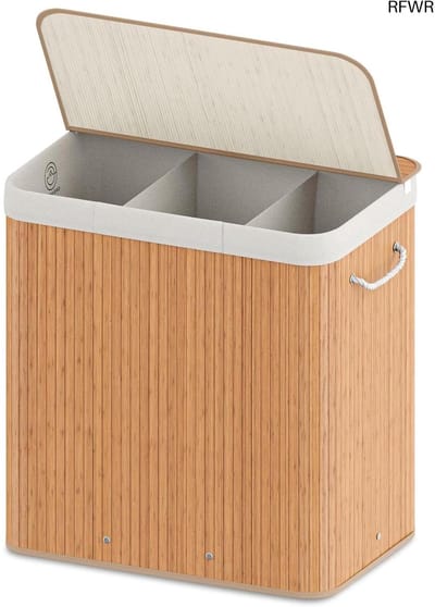 RFWR® Wasmachine boodschappentas met 3 vakken en deksel – Opvouwbare bamboe wasmand van 150L
