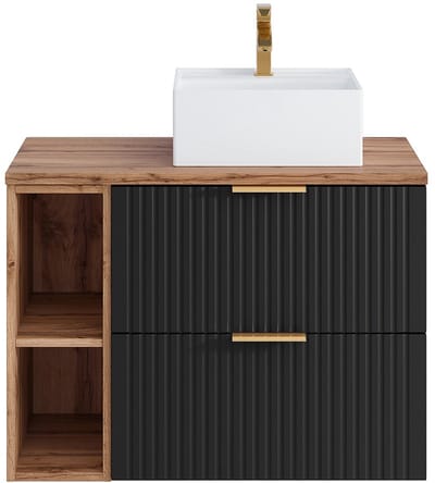 Vente-unique Zwevend geribbeld badkamermeubel met nissen en vierkante opbouwwastafel - Zwart en licht naturel - L80 cm - ZEVARA
