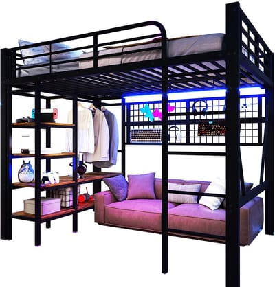 Komhtom Hoogslaper, 140 x 200 cm, ijzeren frame, opbergvak, opbergnet, met kledingstang, open ruimte onder het bed, met LED-lichtstrip, zonder matras, zwart