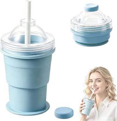 VHV-2-in-1 Ijsballenmaker Cup - Opvouwbare Siliconen Ijsblokjesmaker - Draagbare Ijsfles met Rietje en Deksel - Lekvrije Ijsvorm voor Iced Coffee en Zomerdrankjes - Blauw