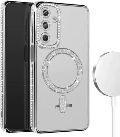 Hoesje met Diamantjes en Glitter Geschikt voor: Samsung Galaxy S25 - MagSafe Glitter Hoesje - Zilver met Diamanten steentjes - Glamour Hoesje