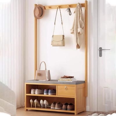 Kapstok Schoenbank Met Haken - Hall Tree Entreebank - Hal Organiseren - 4-in-1 Ontwerp - 70 cm - Houtkleur