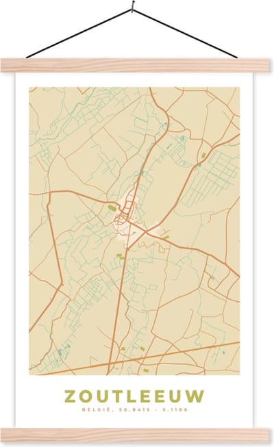 Posterhanger incl. Poster 40x60 cm - Schoolplaat - Zoutleeuw - België - Stadskaart - Kaart - Plattegrond - Textielposter - Blanke latten - Stadskaart