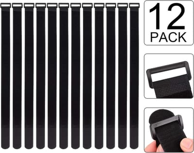 Klittenband kabelbinders - 12 stuks - 61 x 3,8 cm - Stevig en verstelbaar - Kleefbanden met kunststof D-ringgespen - Multifunctioneel - Herbruikbaar - Geschikt voor kantoor, thuis en buitensporten - Zwart