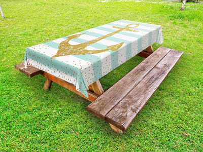 ABAKUHAUS Vintage Buitentafelkleed, Navy Golden Anchor, Decoratief wasbaar picknicktafelkleed, 145 x 210 cm, Lichtblauw Wit