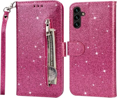 Portemonnee Hoesje - Wallet Case - Rits Sparkly Glitter - Telefoonhoes met Kord Geschikt voor: Samsung Galaxy A34 4G & 5G - Roze