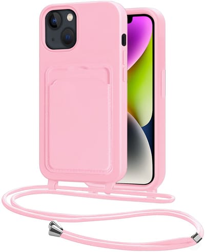 Hoes Geschikt voor iPhone 13 Hoesje Pasjeshouder Cover Met Koord Case Siliconen Hoes Met Telefoonkoord en Kaarthouder - Lichtroze