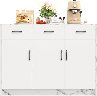 Groot keukeneiland van 120 x 60 x 90,5 cm, 3 lades en 3 deuren, wit marmerdesign, verstelbare planken, stille lades, bardesign - Stijlvol en praktisch keukengerei