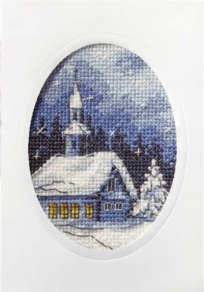Borduurpakket Kaart - Orchidea - WINTERNACHT 2 - Besneeuwde kerk - Voorbedrukt