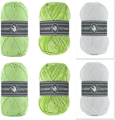 Katoen en acryl garen pakket - 6 bollen Cosy fine en Cosy fine faded - groen wit - pendikte 4 a 4,5mm
