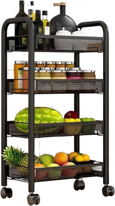 Sensova - Keuken Organizer Trolley met 4 Lagen - Mobiel Opbergrek met Wielen - Praktisch Keukenrek en Organizer voor Keuken, Badkamer, Wasruimte en Kleine Ruimtes