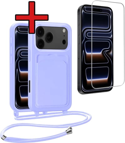 Hoesje Geschikt voor iPhone 17 Pro / 18 Pro Hoesje Met Telefoonkoord en Pasjeshouder Met Screenprotector Siliconen - Hoes Geschikt voor iPhone 17 Pro / 18 Pro Hoesje Met Kaarthouder Case - Lila