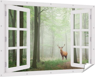 Gards Tuinposter Doorkijk Hert in Bos - 180x120 cm - Tuindoek - Tuindecoratie - Wanddecoratie buiten - Tuinschilderij