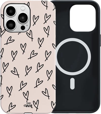 xoxo Wildhearts All Yours - Double Layer - Hoesje geschikt voor iPhone 16 Pro Max MagSafe case - Siliconen hoesje met hartjesprint - Hartjes - Magnetisch telefoonhoesje - Magneet case - Optimale bescherming - Dubbele beschermlaag - Beige - Zwart