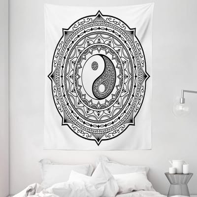 ABAKUHAUS Japans wandtapijt, Ying Yang Aziatisch, woonkamer slaapkamer wanddoek zijdezacht satijn wandtapijt, 150 x 200 cm, wit zwart