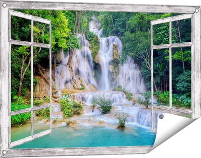Gards Tuinposter Doorkijk Waterval in het Tropische Natuur - 90x60 cm - Tuindoek - Tuindecoratie - Wanddecoratie buiten - Tuinschilderij