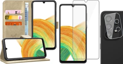 Hoesje geschikt voor Samsung Galaxy A33 - Book Case Kunstleer Wallet Cover Portemonnee Pasjeshouder Hoes Goud - Tempered Glass Screenprotector - Camera Lens Protector