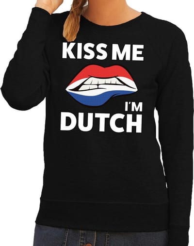 Kiss me I am Dutch sweater zwart dames - feest trui dames - Holland kleding XS