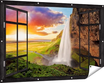 Gards Tuinposter Doorkijk Waterval in IJsland met Zonsondergang - 150x100 cm - Tuindoek - Tuindecoratie - Wanddecoratie buiten - Tuinschilderij