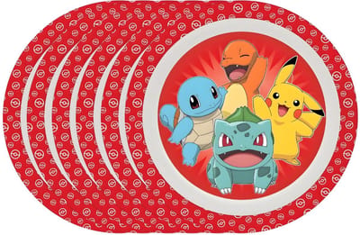 Pokémon thema ontbijt bordje - 6x - rood - D21 cm - kunststof - ontbijtbord - kinderbord