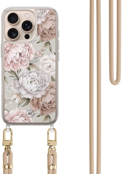 Hoesje met koord geschikt voor iPhone 16 Pro - Klassieke bloemen - Inclusief zwart koord - Crossbody beschermhoes - Transparant, Beige - Mooie Telefoonhoesjes
