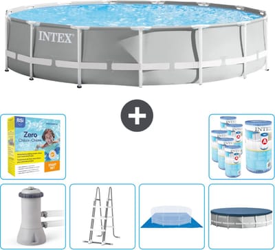 Intex Rond Prism Frame Zwembad - 457 x 107 cm - Grijs - Inclusief Pomp - Ladder - Grondzeil - Afdekzeil Onderhoudspakket - Filters