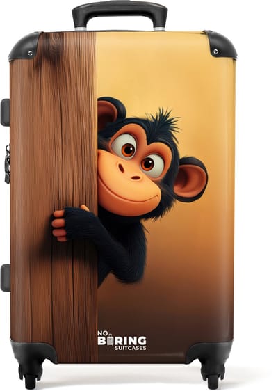 NoBoringSuitcases.com® - Kinderkoffer - Kindertrolley jongen en meisje - Een aap achter houten muur - Koffer kind groot - Rolkoffer lichtgewicht - Reiskoffer met 4 wielen - Grote trolley XL - 20 kg bagage
