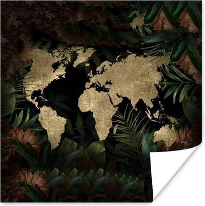 Poster 30x30 cm - Wereldkaart - Planten - Retro - Posters - Kamer decoratie - Wanddecoratie woonkamer - Muurdecoratie slaapkamer